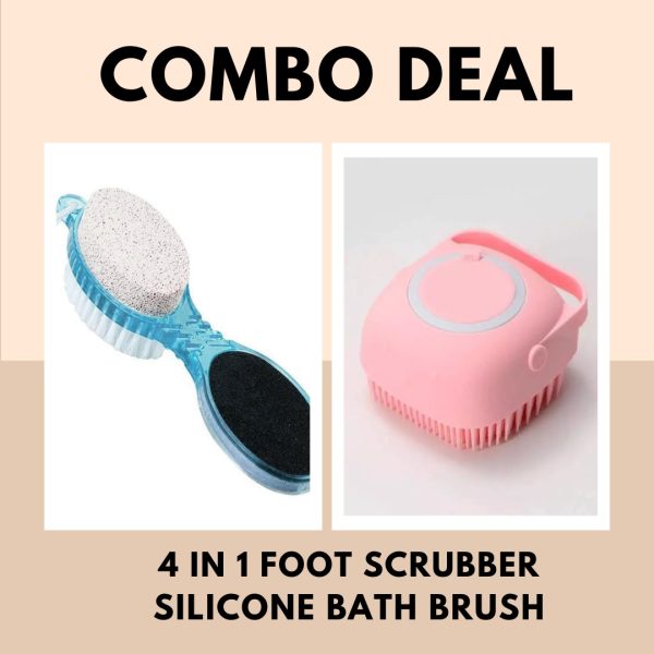 Combo Deal Of 4 In 1 Foot Scrubber – 4 Step Pedicure (cleanse, Scrub, File And Buff) + Silicone Bath Brush | Bath Brush Scrubber ) ( Random Color )